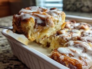 A spoonful of soft, gooey cinnamon roll casserole topped with white icing is lifted from the baking dish.