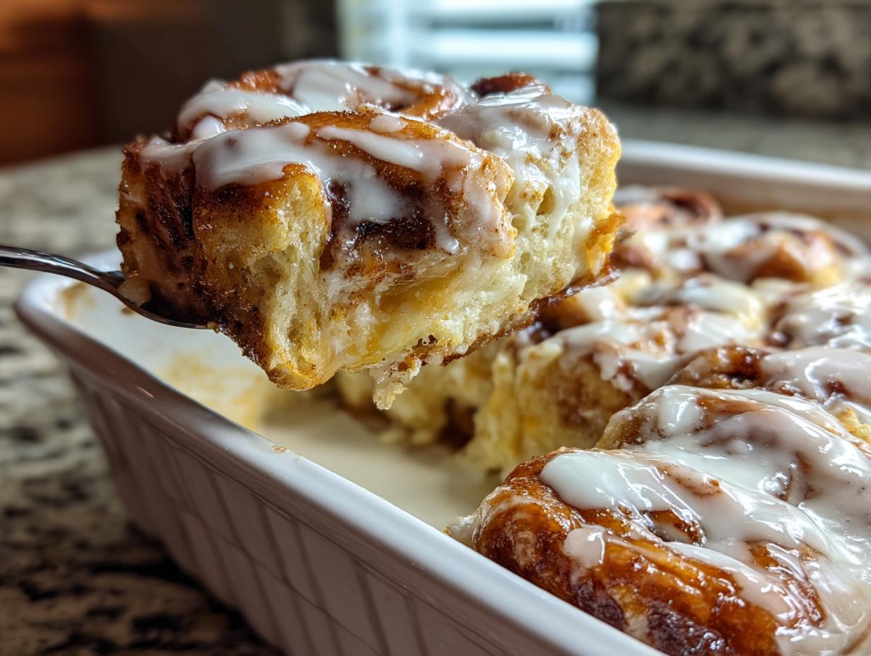 A spoonful of soft, gooey cinnamon roll casserole topped with white icing is lifted from the baking dish.