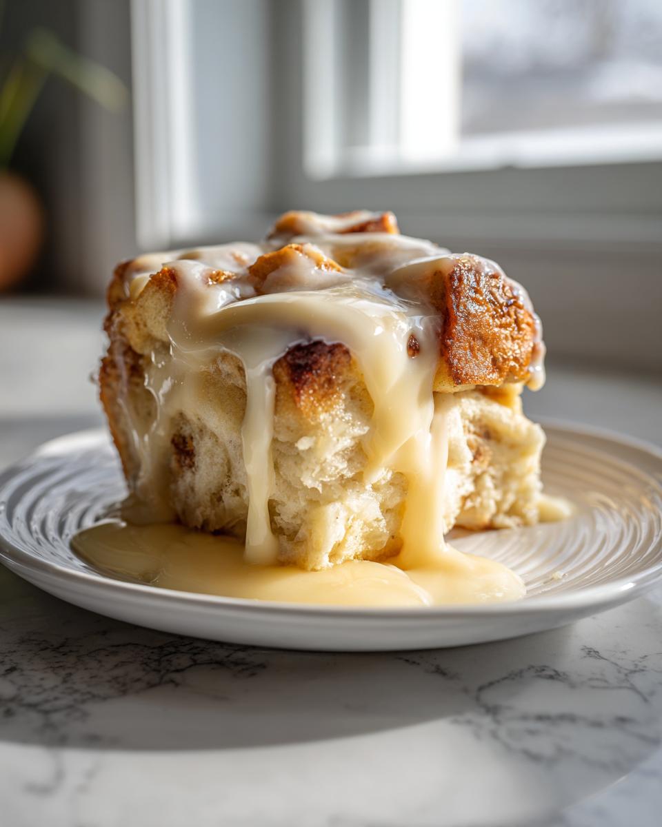 A square serving of moist bread pudding topped with thick vanilla sauce dripping down the sides.