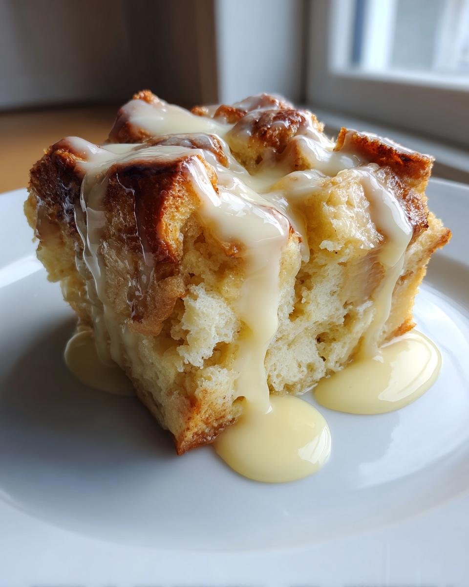 A close-up of a square slice of soft bread pudding generously drizzled with creamy vanilla sauce.