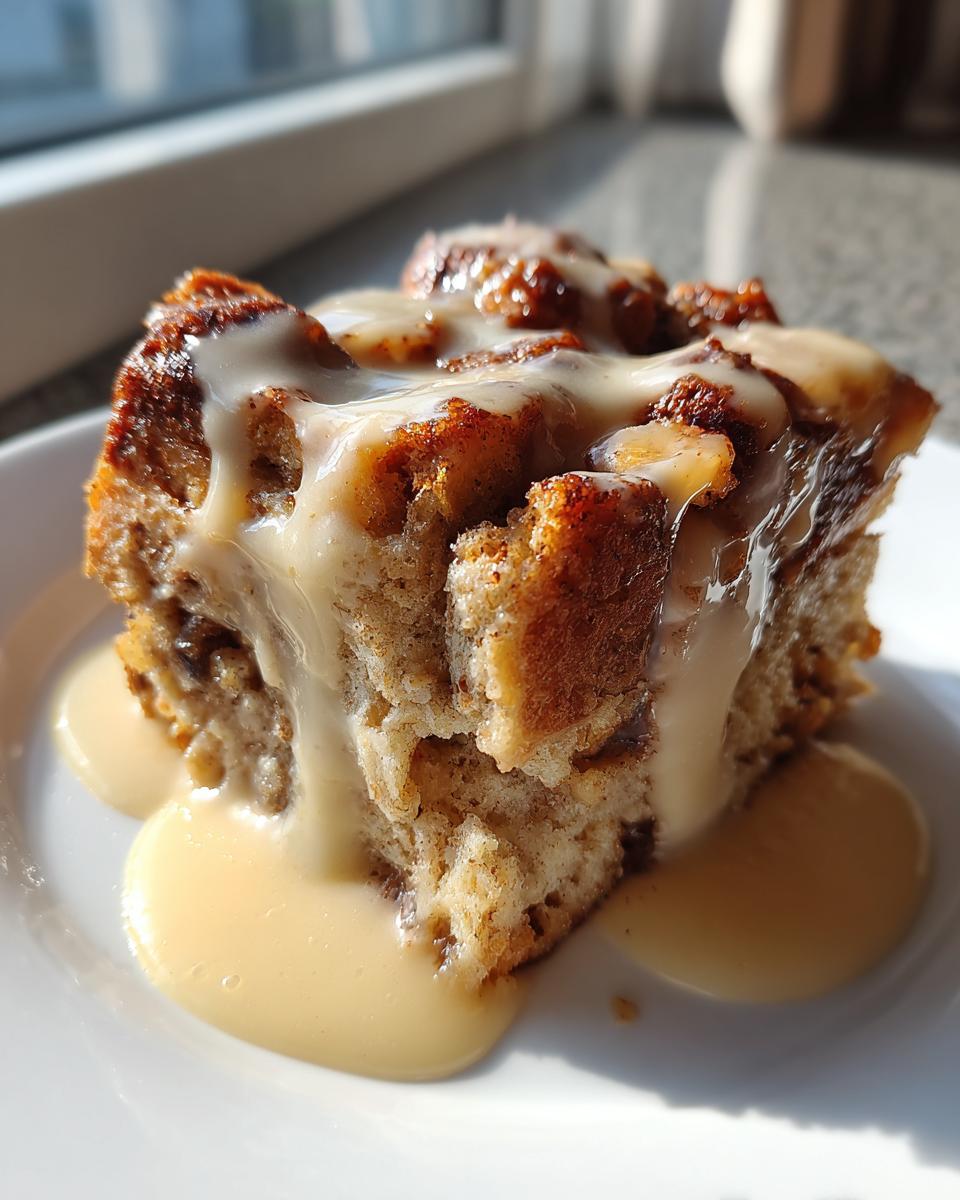 A close-up of a square slice of moist bread pudding topped generously with vanilla cream sauce.