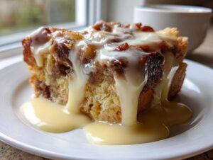 A generous slice of Grandma's bread pudding topped with rich vanilla sauce, served on a white plate.