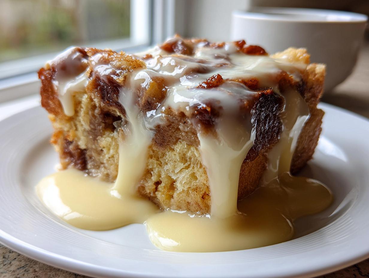 A generous slice of Grandma's bread pudding topped with rich vanilla sauce, served on a white plate.