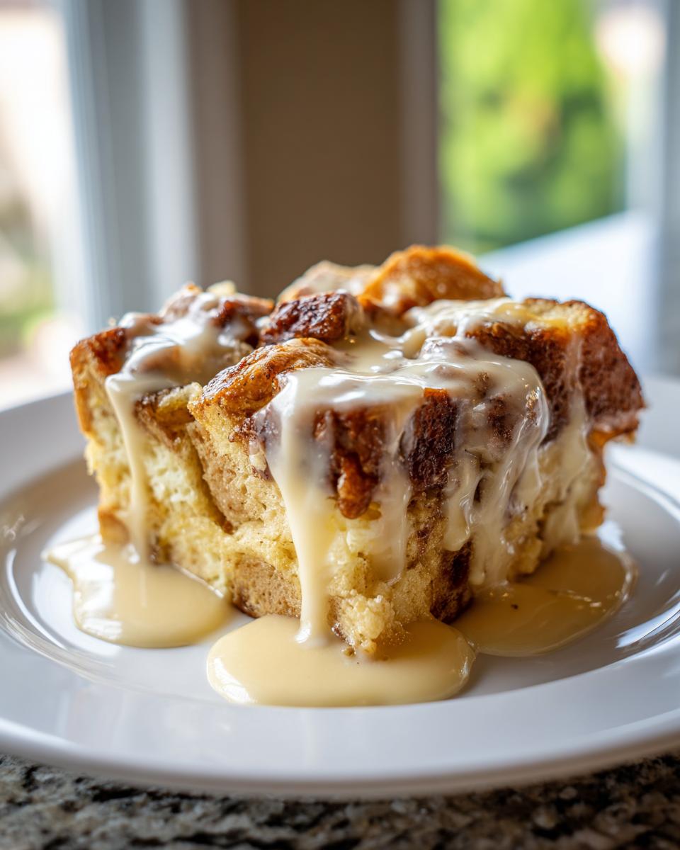 A square slice of rich bread pudding topped generously with creamy vanilla sauce, served on a white plate.