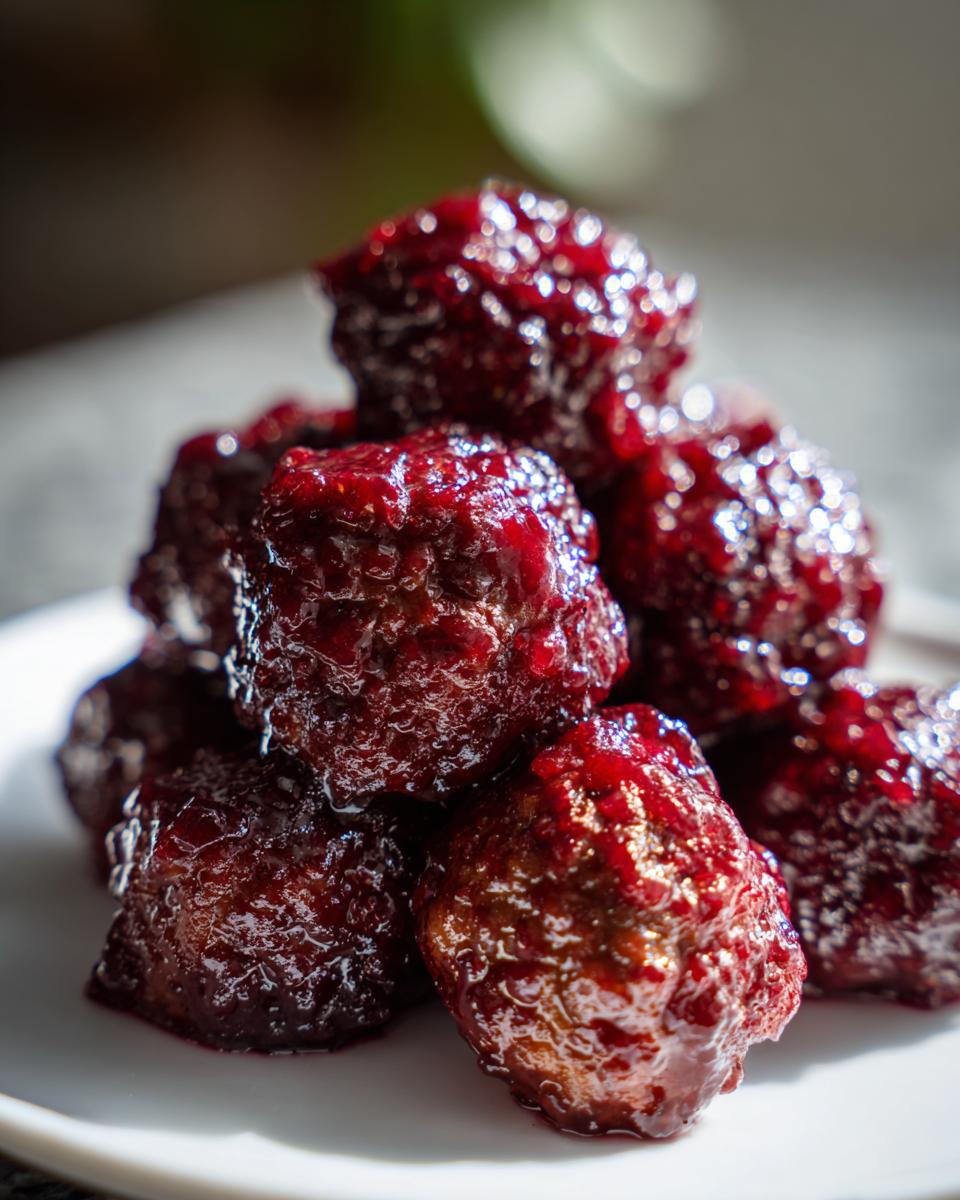 A close-up stack of glistening, dark red Grape Jelly Meatballs piled on a white plate.