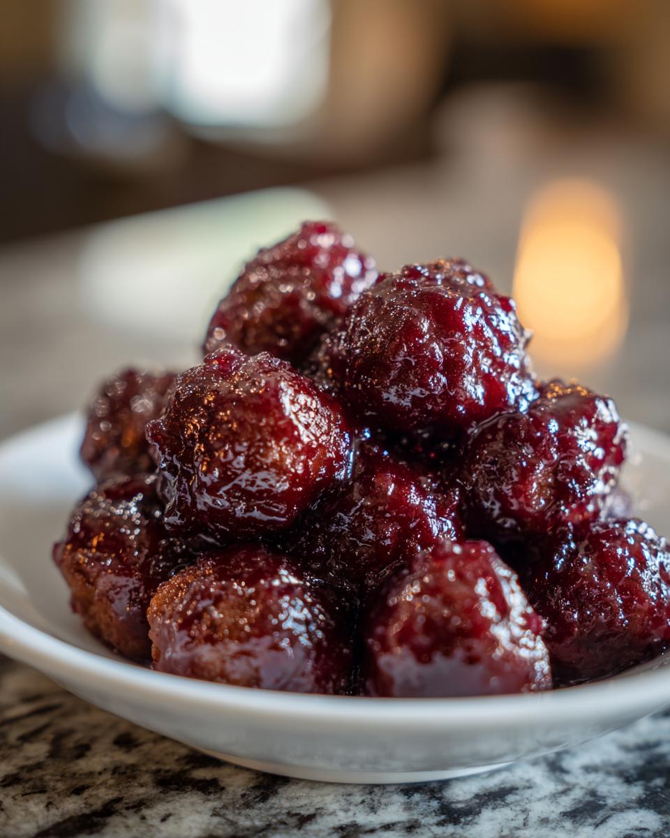 A small white bowl filled with glossy, dark red grape jelly meatballs, showing the thick glaze.