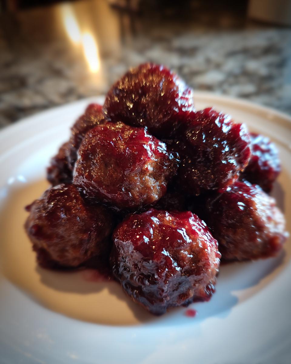 Close-up of a pile of savory grape jelly meatballs glistening with a dark red glaze on a white plate.