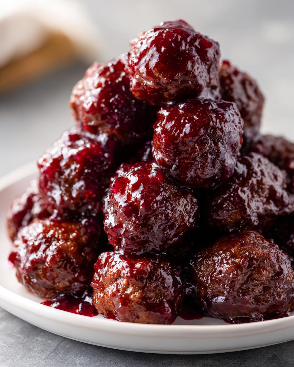 Close-up of a mound of shiny, glazed grape jelly meatballs stacked high on a white serving plate.