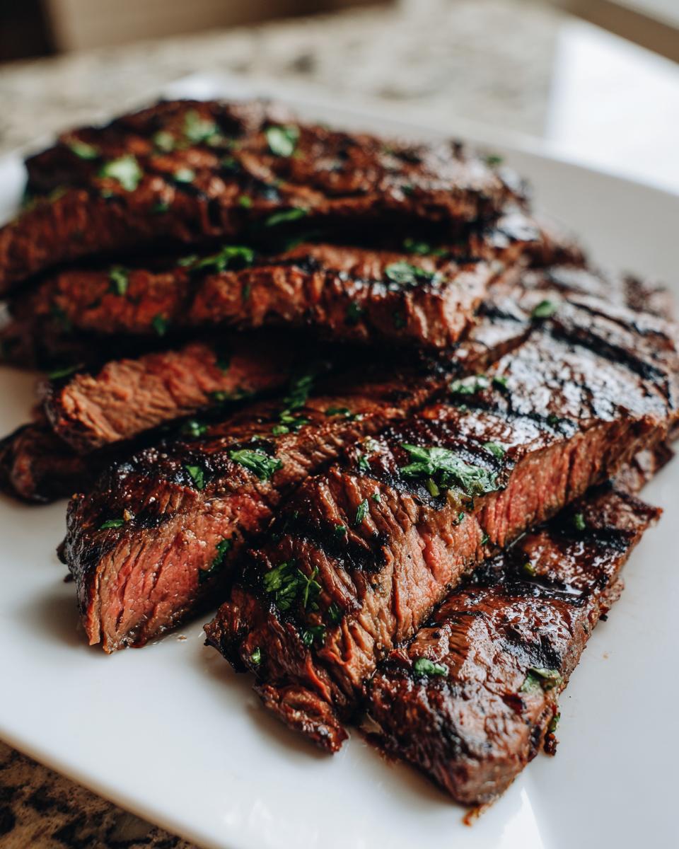Close-up of perfectly grilled and sliced steak, showing a medium-rare interior, seasoned with herbs, prepared using a carne asada marinade.