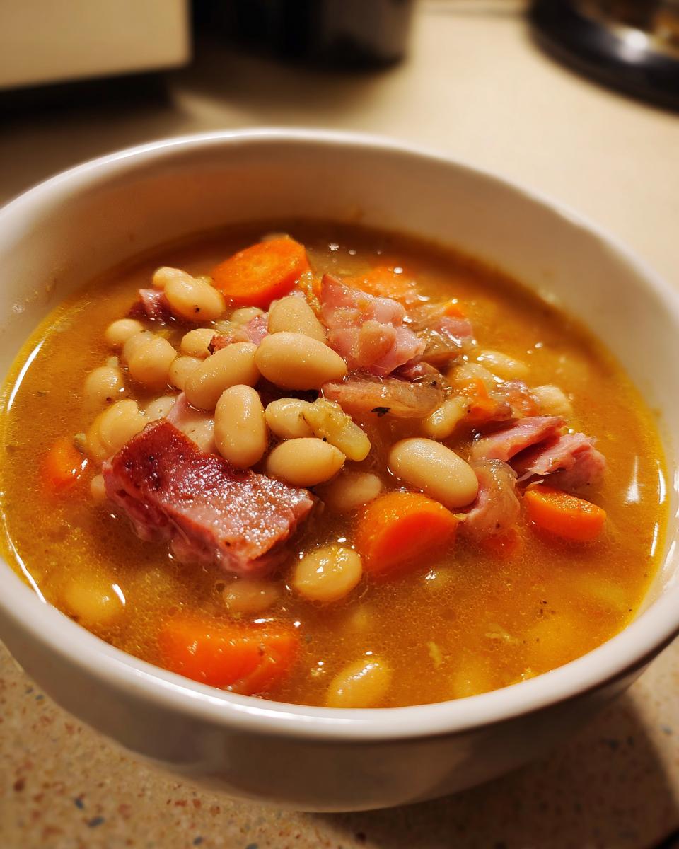 Close-up of a white bowl filled with rich Ham and Bean Soup, featuring white beans, chunks of ham, and sliced carrots.