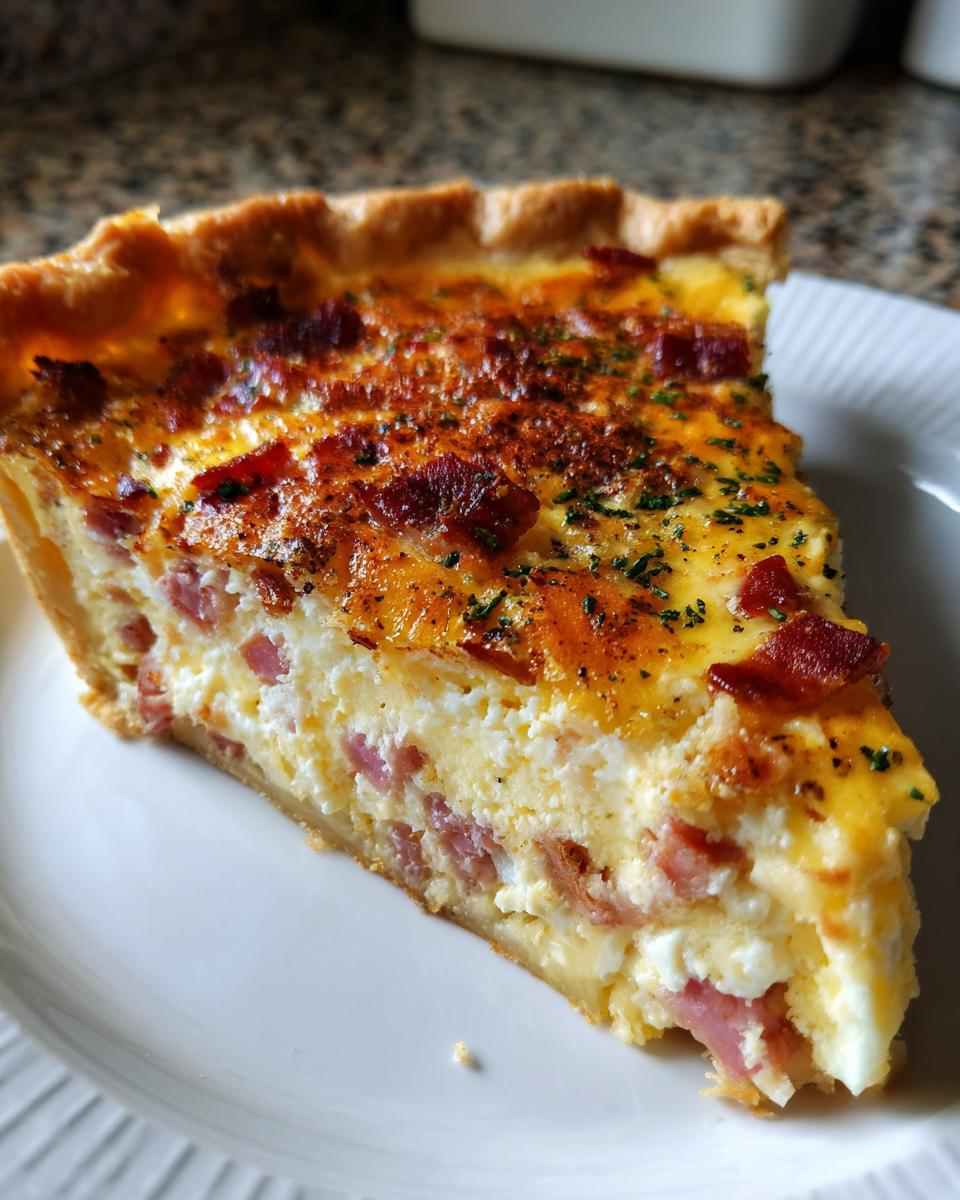 A close-up of a thick slice of Ham and cheese quiche on a white plate, showing the creamy filling and ham pieces.
