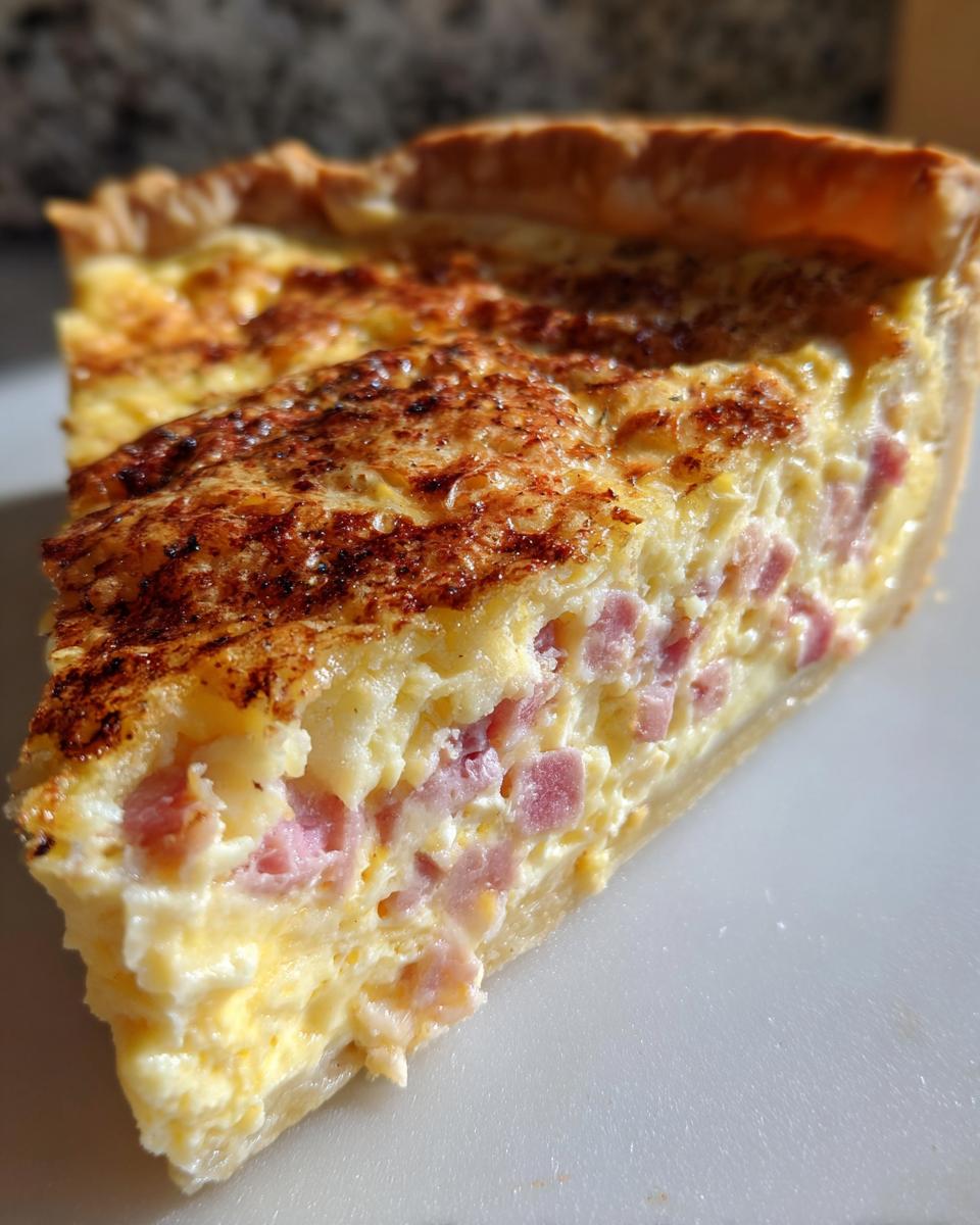 A close-up slice of a golden-brown baked Ham and Cheese Quiche showing chunks of ham in the creamy egg filling.