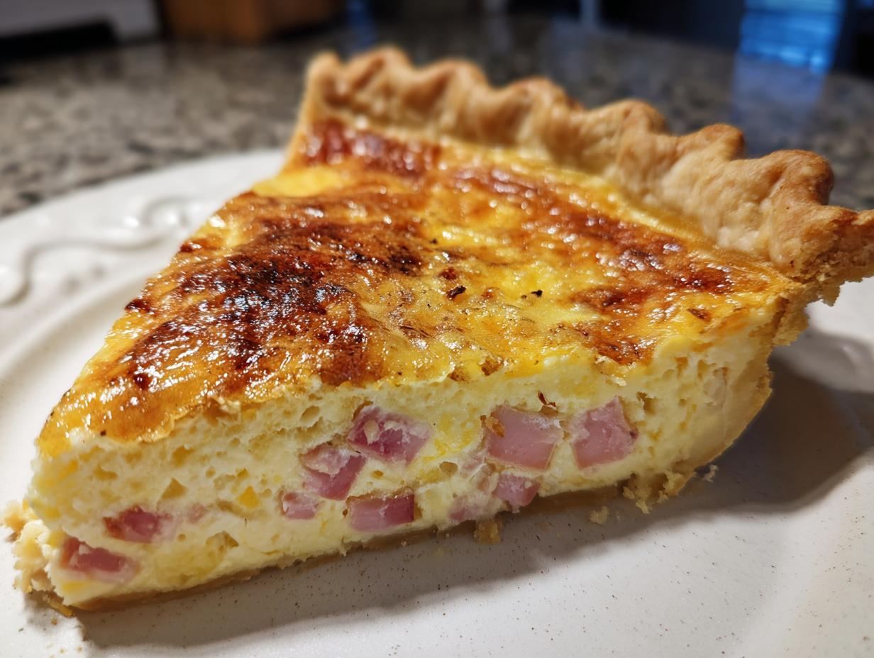 Close-up of a thick slice of ham and cheese quiche showing the golden-brown top and chunks of ham in the creamy filling.