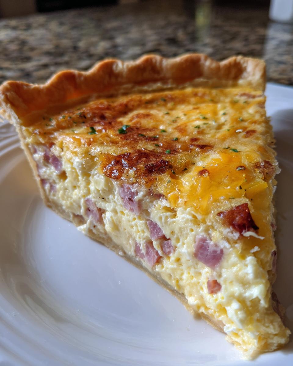 A thick slice of Ham and Cheese Quiche showing a creamy egg filling studded with ham pieces and topped with melted cheese.