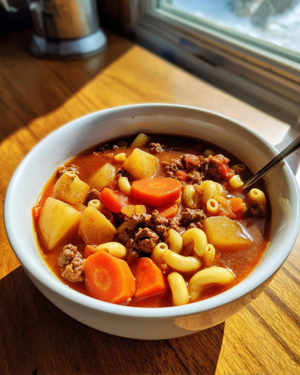 A close-up of a white bowl filled with rich hamburger soup, featuring ground beef, potatoes, carrots, and elbow macaroni.