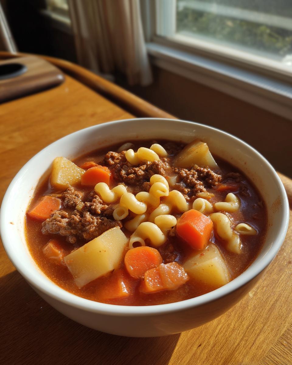 A close-up of a white bowl filled with rich hamburger soup, featuring ground beef, potatoes, carrots, and elbow macaroni.