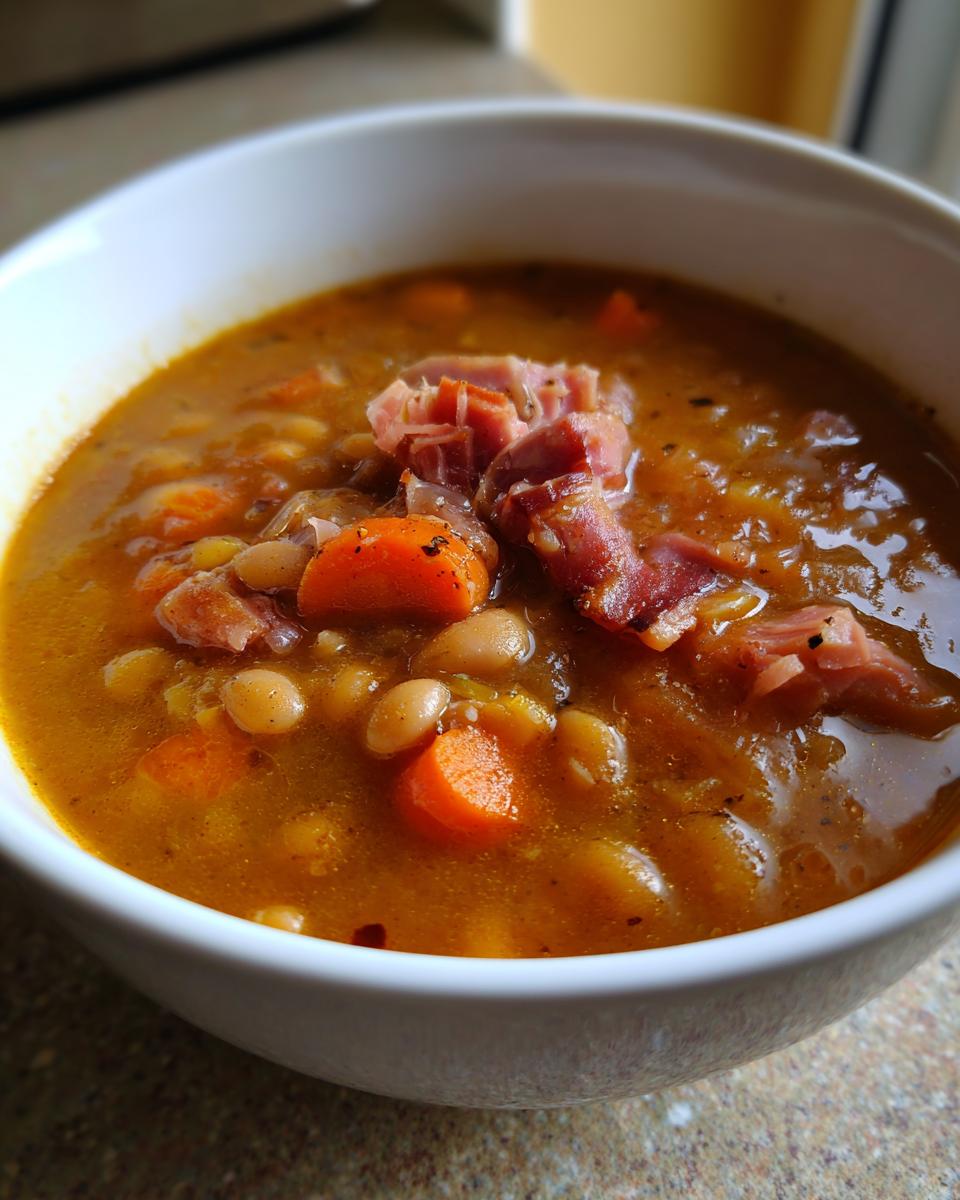 Close-up of a thick, savory bowl of Ham and Bean soup, featuring white beans, sliced carrots, and chunks of ham.