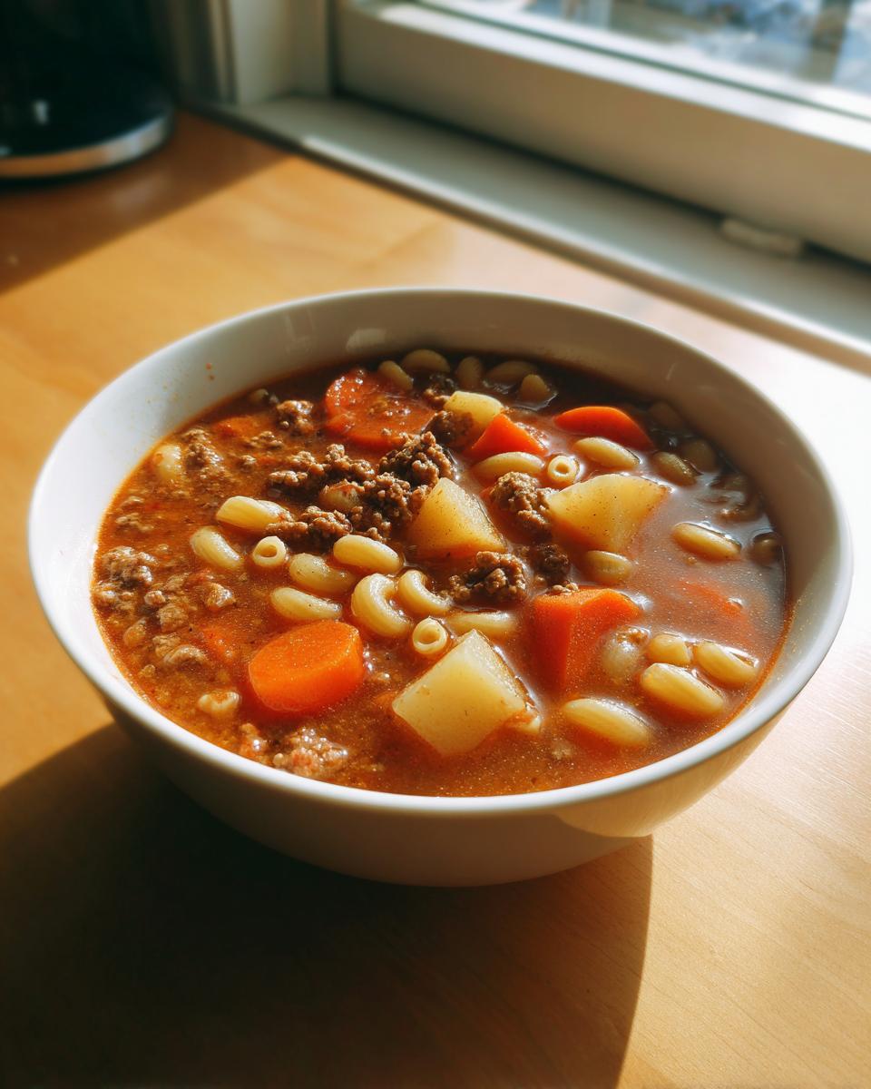 A white bowl filled with rich hamburger soup featuring ground beef, elbow macaroni, carrots, and potatoes, set near a window.