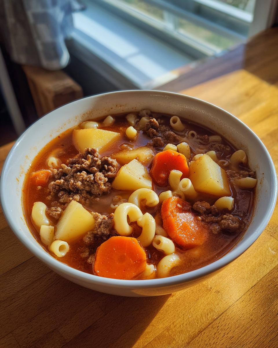 A close-up view of a white bowl filled with rich hamburger soup, featuring ground beef, potato chunks, sliced carrots, and elbow macaroni.