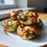 A stack of golden-brown, baked egg bites filled with spinach and cheese on a white plate.