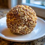 A perfect sphere of a Holiday cheese ball coated entirely in finely chopped pecans or walnuts.