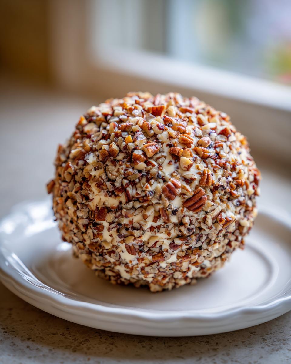 A close-up of a Holiday cheese ball completely covered in chopped pecans, resting on a white scalloped plate.