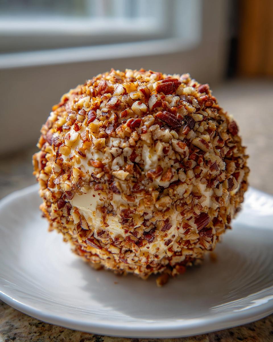 A close-up of a perfectly shaped Holiday cheese ball coated entirely in chopped pecans, resting on a white plate.