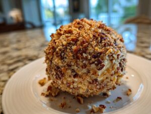 A close-up of a perfectly formed Holiday cheese ball rolled in chopped nuts, resting on a white plate.