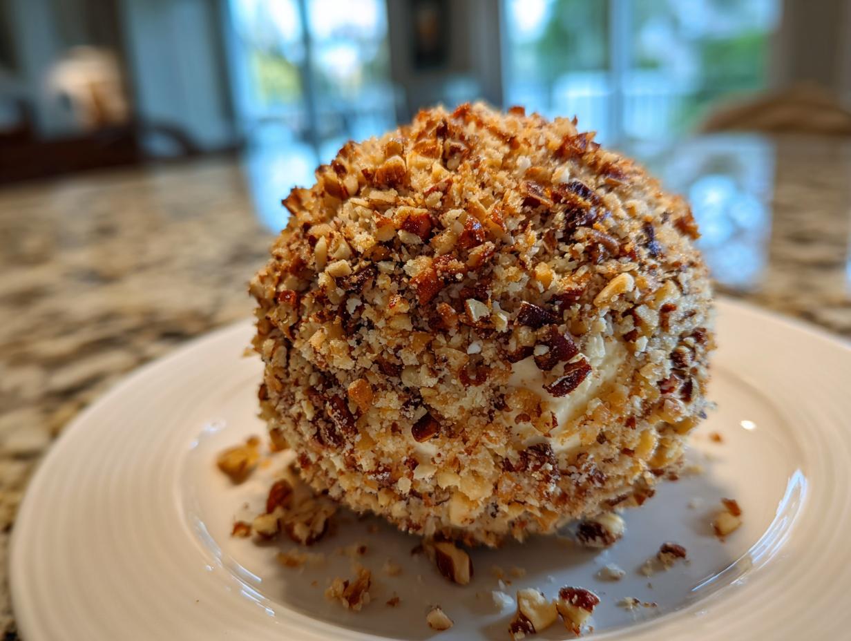 A close-up of a perfectly formed Holiday cheese ball rolled in chopped nuts, resting on a white plate.