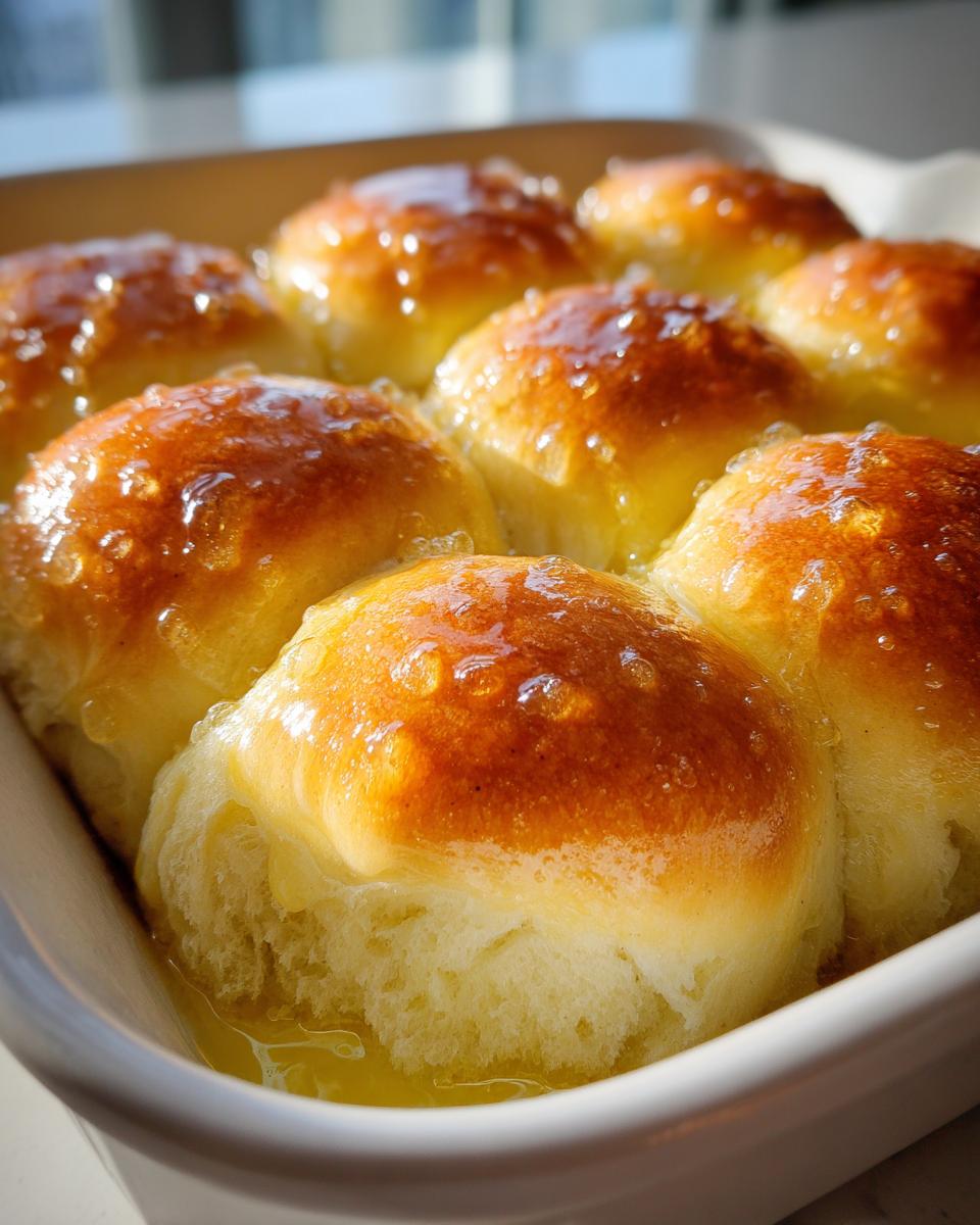 Close-up of freshly baked homemade dinner rolls soaking in melted butter in a white baking dish.