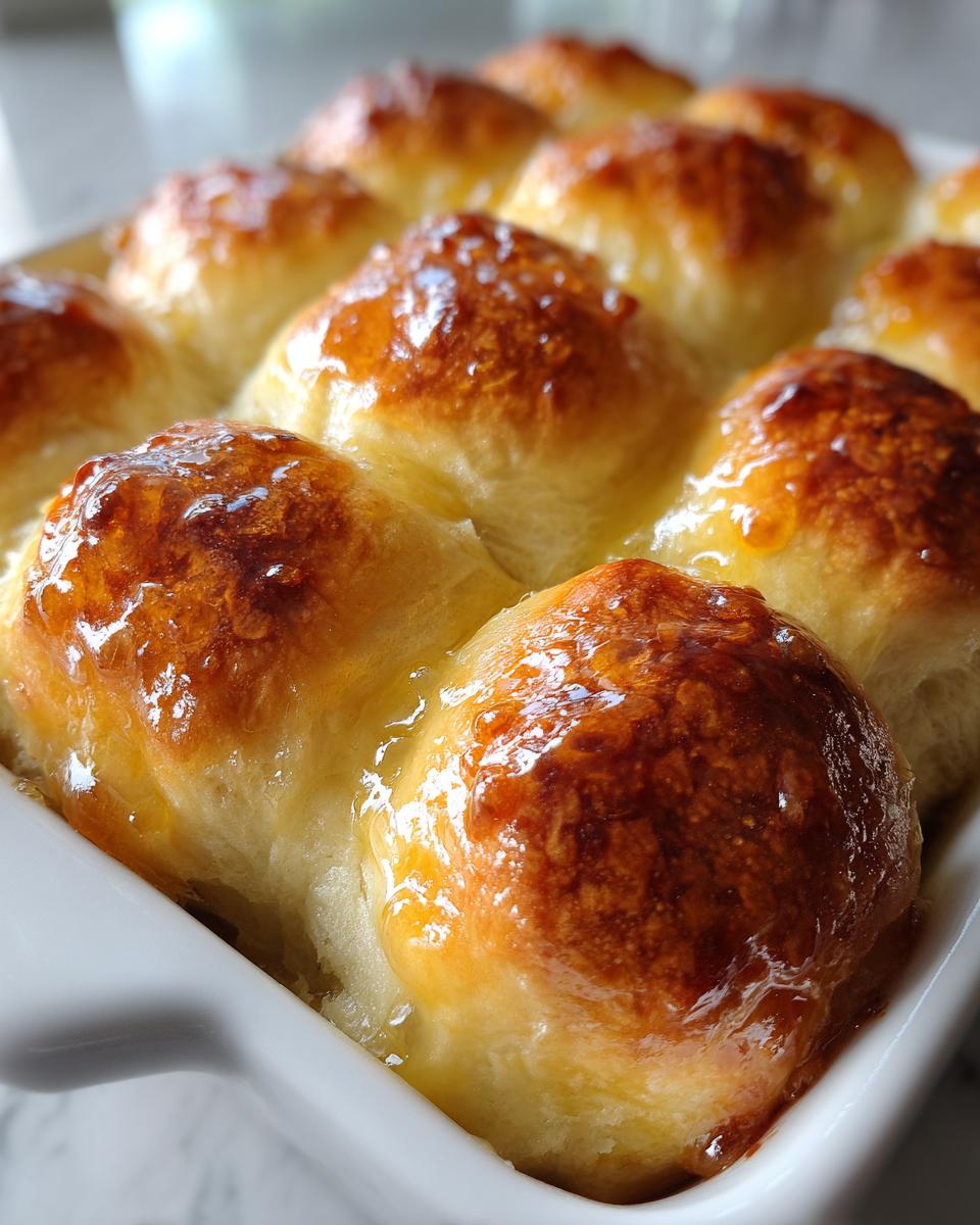 Close-up of golden brown, glossy Homemade dinner rolls baked together in a white dish.