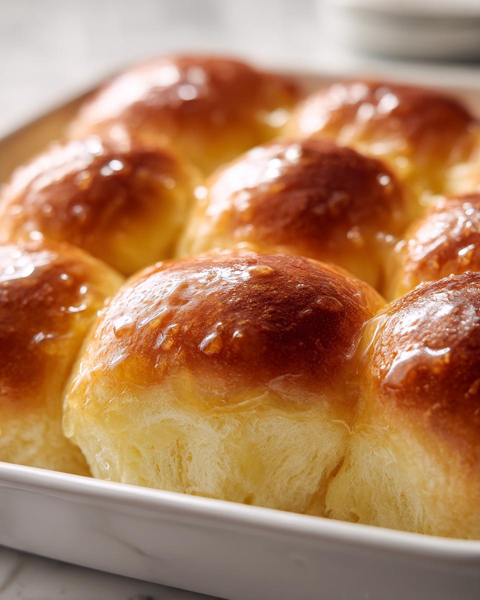 Close-up of golden brown Homemade dinner rolls baked together and brushed with a shiny glaze.