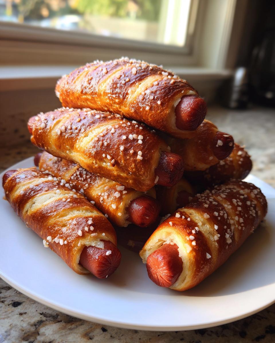 A stack of freshly baked pretzel dogs, wrapped in golden-brown dough and topped with coarse salt, served on a white plate.