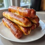 A stack of freshly baked pretzel dogs, shiny brown and topped with coarse salt, resting on a white plate.