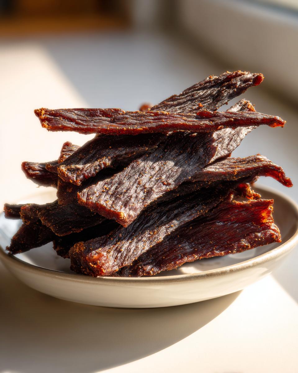 A close-up stack of dark, seasoned venison jerky strips resting in a small, light-colored bowl.