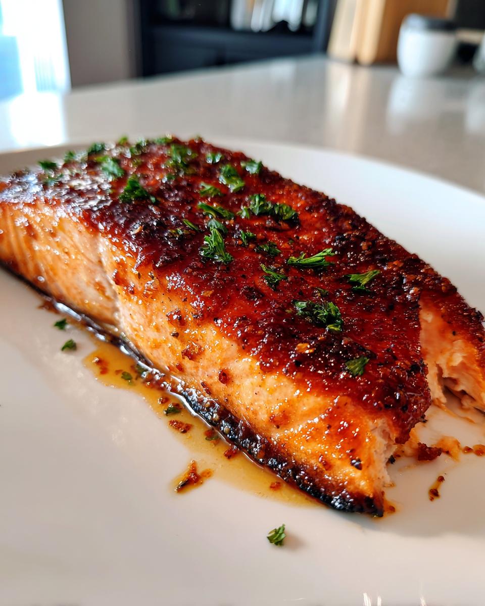 Close-up of a perfectly cooked honey garlic salmon fillet with a rich, dark glaze and fresh parsley garnish.