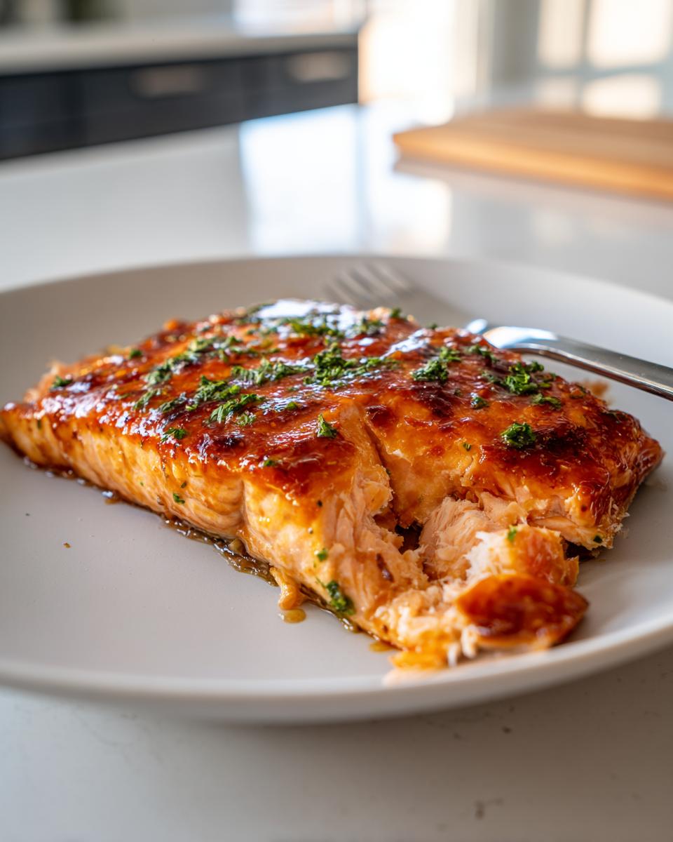 Close-up of a flaky Honey Garlic Salmon fillet with a shiny glaze and fresh parsley topping on a white plate.
