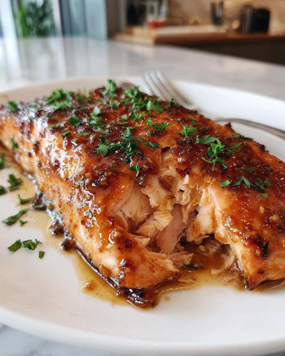 Close-up of a perfectly cooked, flaky salmon fillet covered in a shiny honey garlic glaze and topped with fresh parsley.