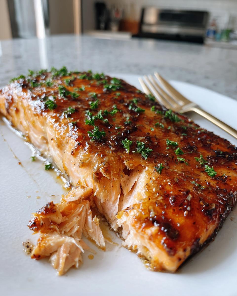 Close-up of a perfectly cooked honey garlic salmon fillet, glazed and topped with parsley, showing flaky texture.