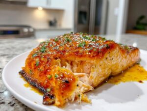Close-up of a perfectly cooked honey garlic salmon fillet, glazed and garnished with herbs, flaking open on a white plate.