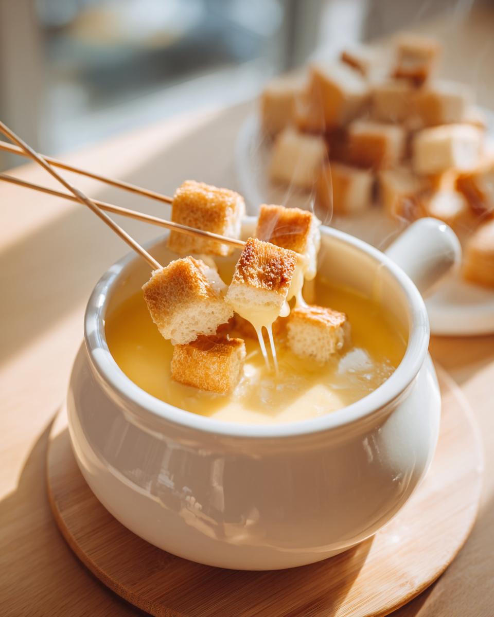 Cubes of toasted bread being dipped into a steaming pot of smooth cheese Fondue using long skewers.