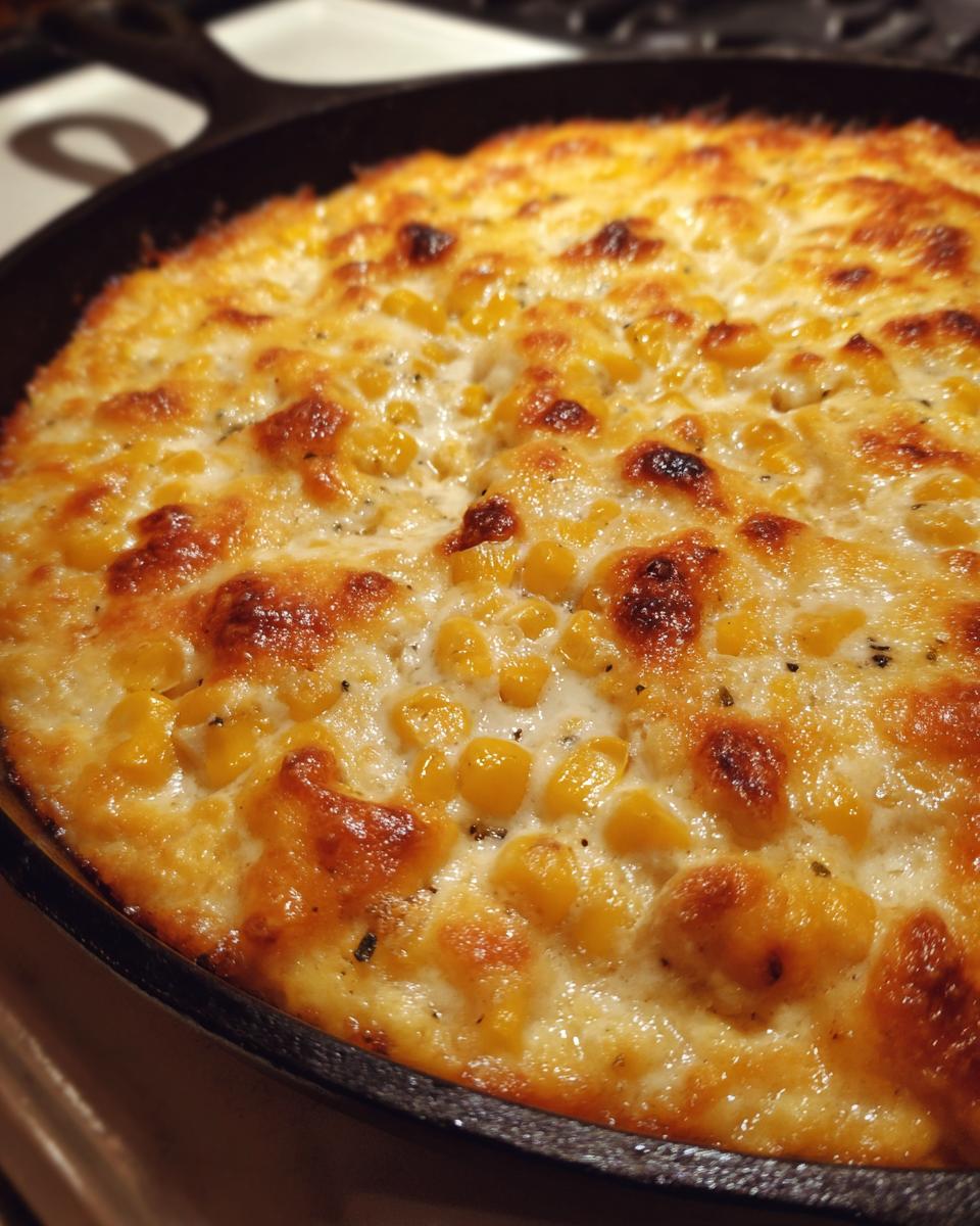 Close-up of hot, bubbly corn dip with cream cheese and golden-brown melted cheese topping in a black skillet.
