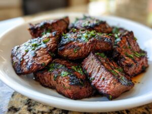 Close-up of grilled, juicy steak pieces seasoned with herbs, results of the carne asada marinade.