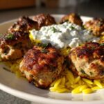 Close-up of seared greek chicken meatballs served over yellow orzo pasta with a dollop of creamy tzatziki sauce.