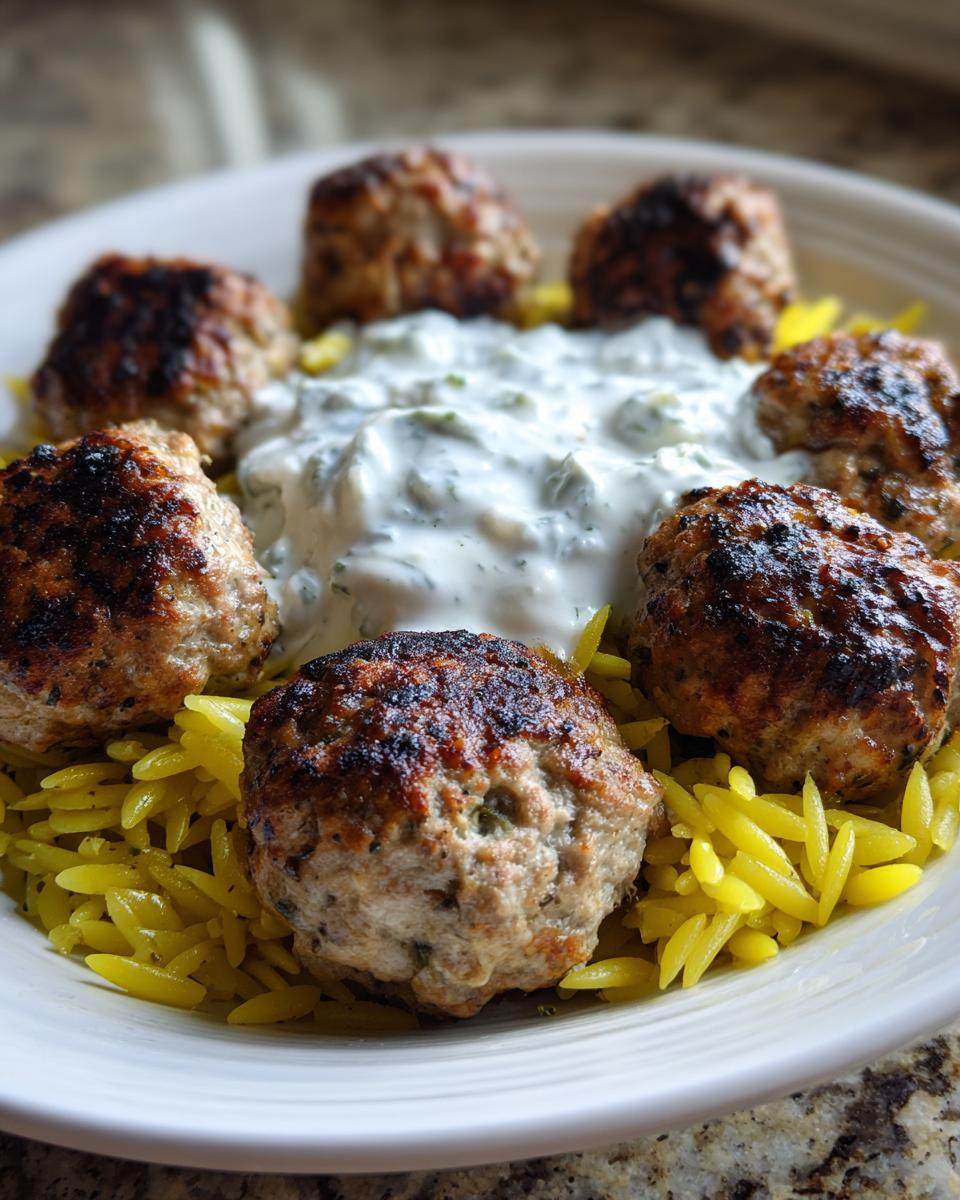 Close-up of browned greek chicken meatballs served over yellow orzo pasta with a dollop of creamy tzatziki sauce.