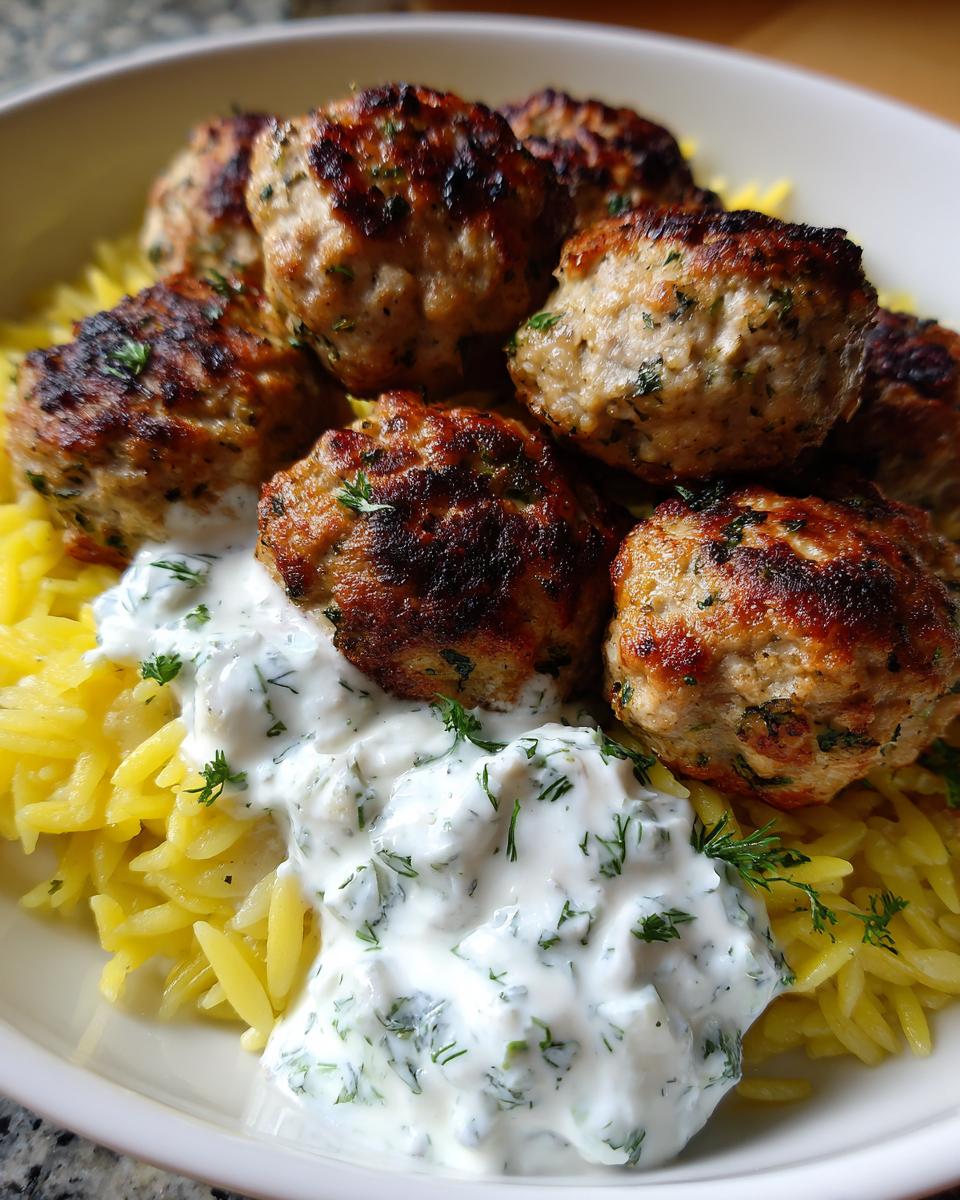 Close-up of juicy greek chicken meatballs served over yellow orzo pasta with a dollop of creamy dill tzatziki sauce.