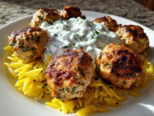 A plate featuring browned greek chicken meatballs served over orzo pasta with a dollop of creamy tzatziki sauce.