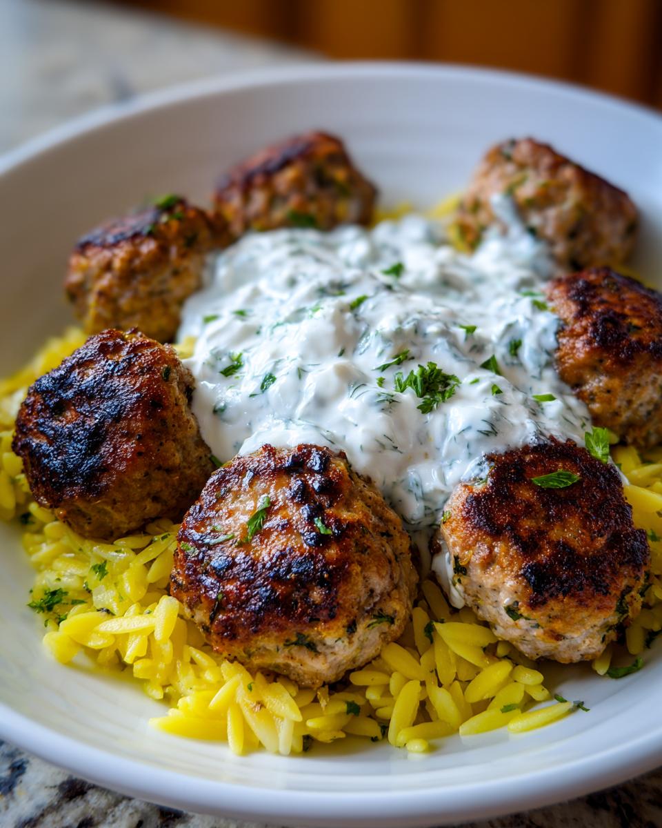 Close-up of juicy greek chicken meatballs served over yellow orzo pasta topped with creamy tzatziki sauce.