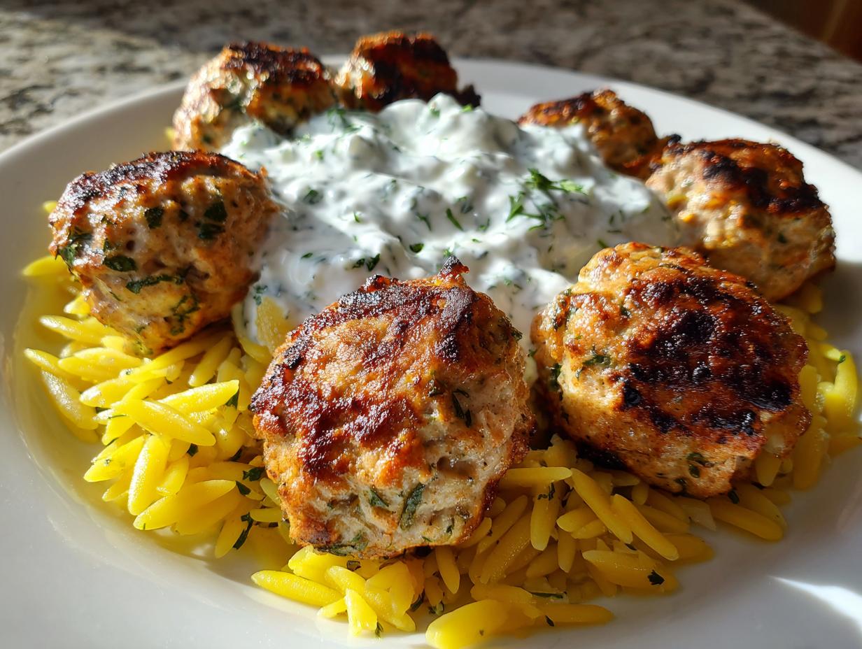 A plate featuring browned greek chicken meatballs served over orzo pasta with a dollop of creamy tzatziki sauce.