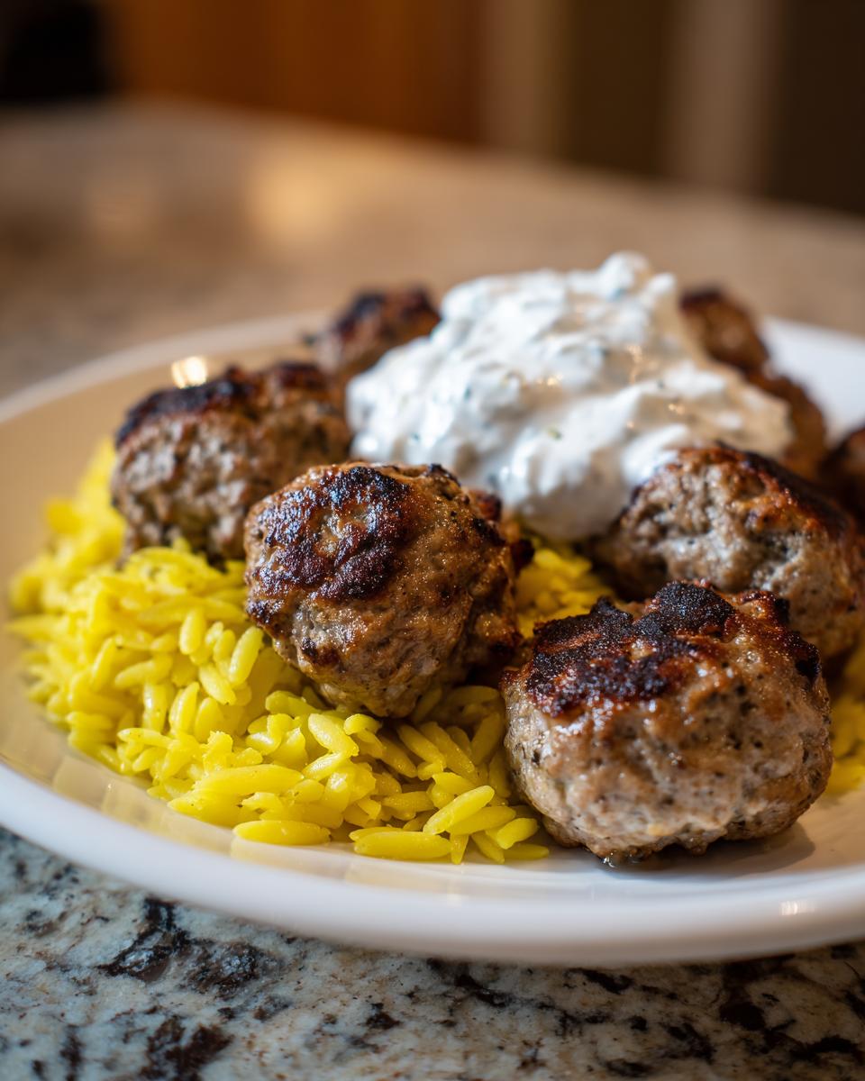 Close-up of juicy greek chicken meatballs served over yellow orzo rice, topped with a dollop of white tzatziki sauce.